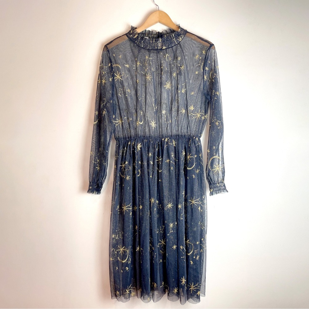 Sheer Whimsigoth Celestial Mesh Dress XL Gold Star Moon Navy Blue Whimsy Witch